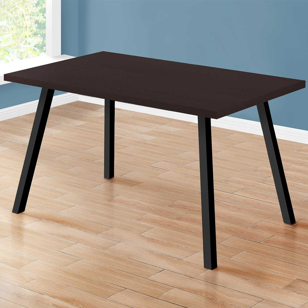 60" Inch Rectangular Dining Table, MDF, Walnut Veneer, Metal Legs, 4512839526072 Brand: Homeroots Size: 60inW x 36inD x 31inH, Weight: 57lb, Shape: Rectangular, Material: Top: MDF, Walnut Veneer, Legs: Metal, Seating Capacity: Seats 4-6 people, Color: Top: Dark Wood Color (Dark Brown), Base: Black