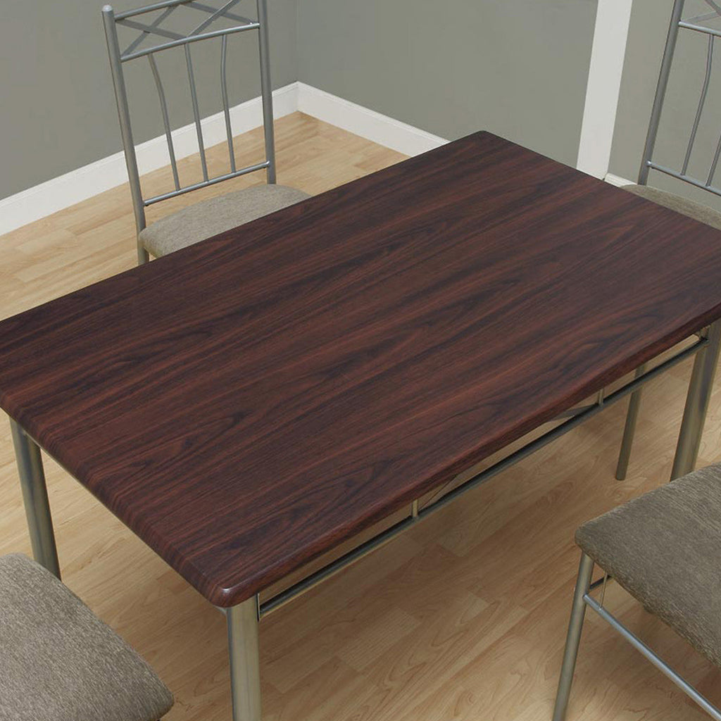 Durable Dining Set, Gray And Brown Color, Trendy & Contemporary, 332568 Brand: Homeroots, Table Size: 43inW x 28inD x 30inH, Chair Size: 14inW x 16.5inD x 36inH, Seat Height: 15.75in, Table Shape: Rectangular, Material: MDF & Metal Base, Linen Cotton Padded Seats With Metal Base Chairs, Seating Capacity: Seats 4, Color: Brown & Silver