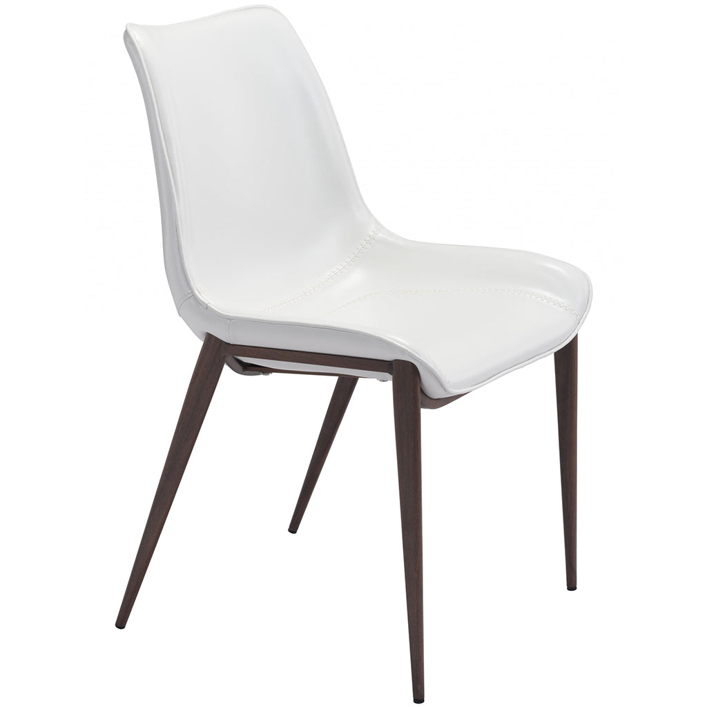 Set of 2 Dining Chairs, White Faux Leather Seat, Brown Stainless Steel Legs