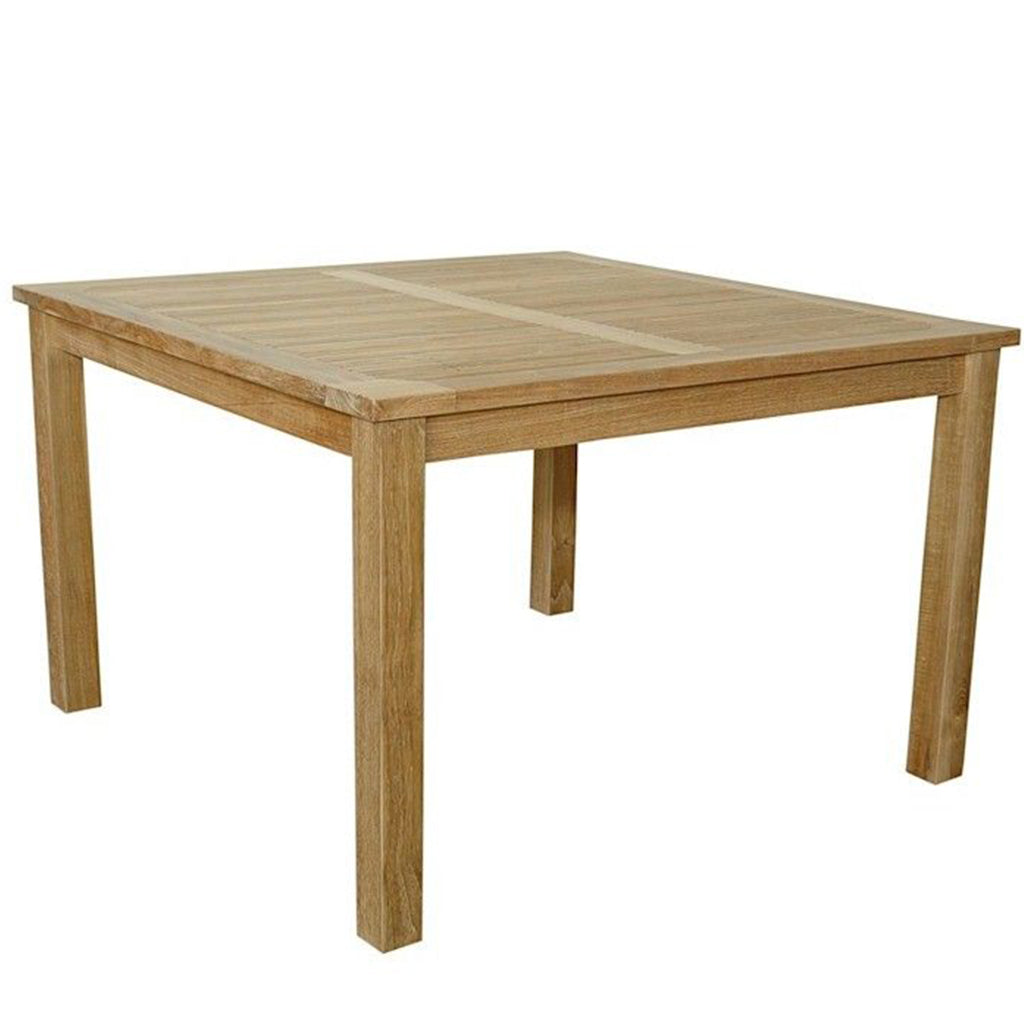 Windsor Nicest Small House Dining Table, Outdoor Slat Dining Table, Teak Wood, Square Wooden Table, TB-047SS Brand: Anderson Teak Size: 47inW x 47inD x 29inH; Weight: 80lb; Shape: Square; Material: Teak Wood Seating Capacity: Seats 2-4 people; Color: Neutral teak color; light wood