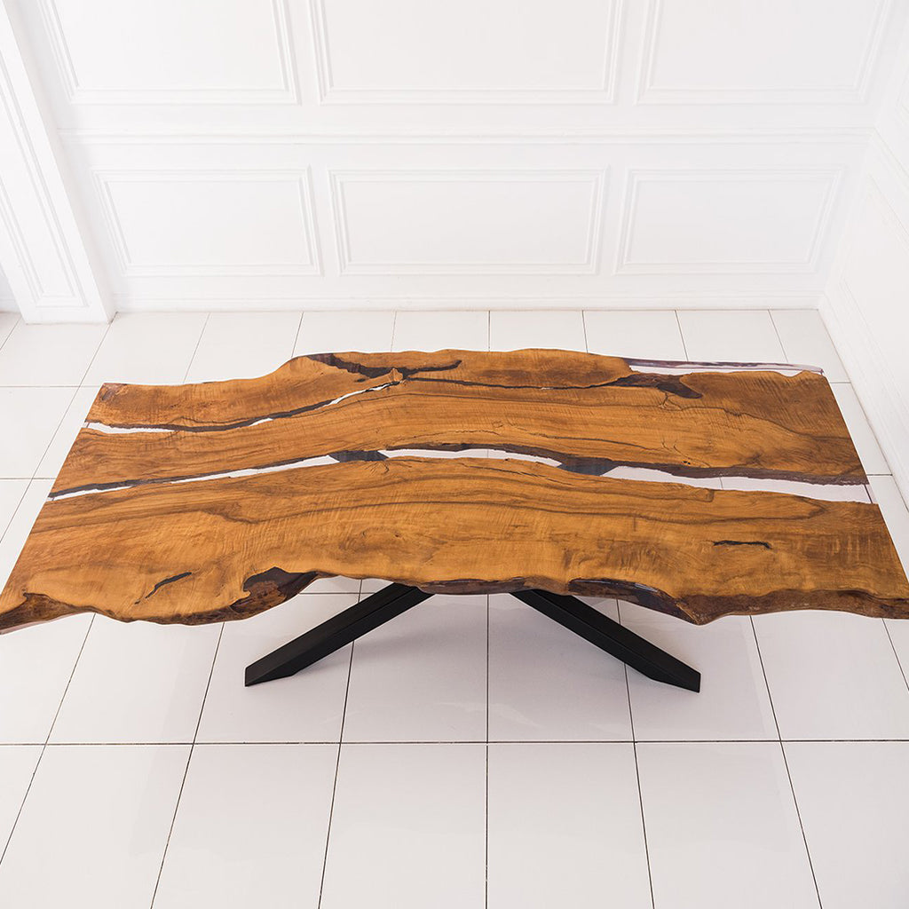 Resto | Live Edge Resin Table for 10, Hornbeam Filled With Polymer Resin, MHM007 Brand: Maxima House Size: 111inW x 42.1inD x 29.5inH, Weight: 471lb, Shape: Rectangular, Live Edge Material: Top: Solid Hornbeam Wood filled with Polymer Resin, Legs: Metal Seating Capacity: Seats 8-10 people, Color: Top: Natural Wood Color, Base: Black