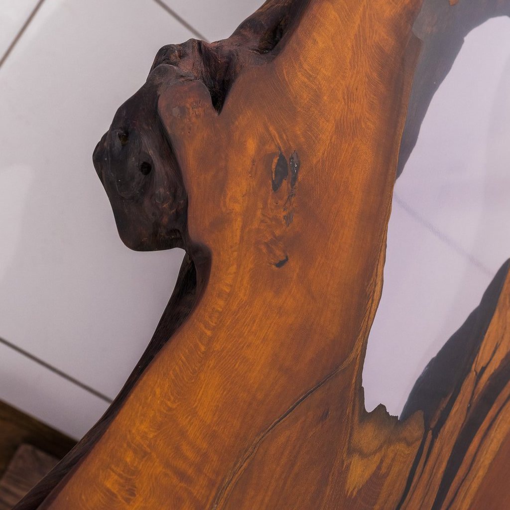 Mars Pear Tree Wood With Polymer Resin Live Edge Trestle Table, MHM010 Brand: Maxima House, Size: 110inW x 55inD x 29.5inH, Weight: 498lb, Shape: Rectangular, Live Edge, Material: Solid Pear Tree Wood filled with Polymer Resin, Seating Capacity: Seats 8-10 people, Color: Natural Wood Color