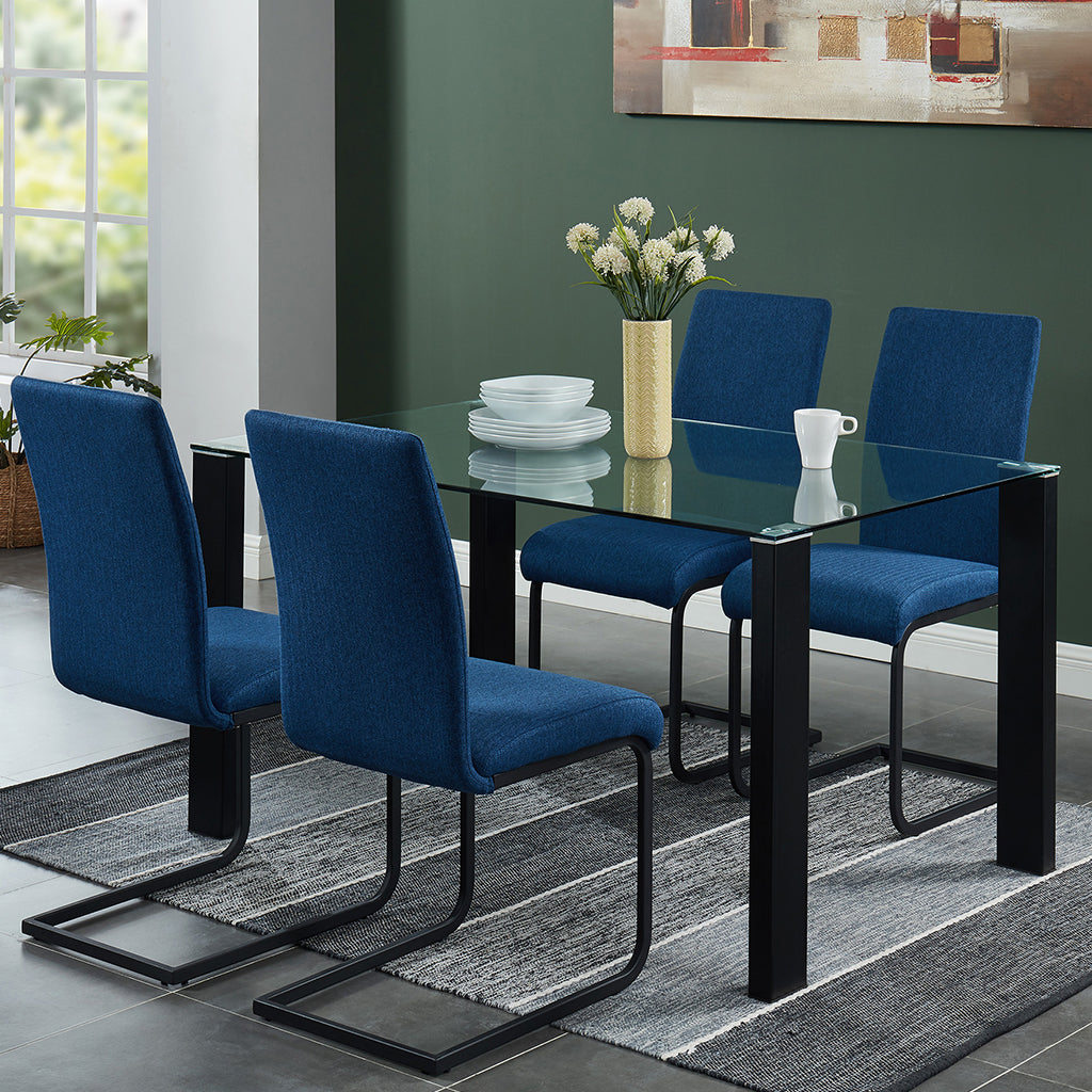 Vespa | Modern Glass Top Dining Table, Stainless Steel Wrapped Wooden Legs, 4 Seater, 201-577BK