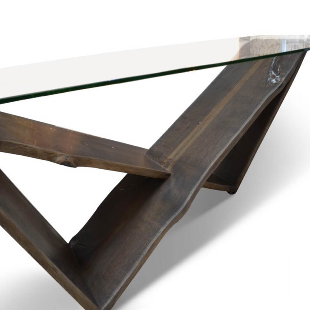 Maxima House Winik dining table featuring a live edge wood base and a sleek tempered glass top