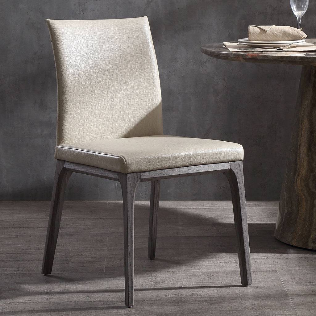 Stella Dining Chair, Set of 2, Taupe & Gray Oak, Faux Leather, Solid Wood Gray Oak Base, DC1454-GRY/TAU, Brand: Whiteline Modern Living, Size: 20inW x 23inD x 35inH Seat Height: 19in/ 48.25cm, Weight: 17lb, Material: Faux leather & solid oak wood Color: Taupe, gray base, Assembly Required: No, Weather Resistant: No