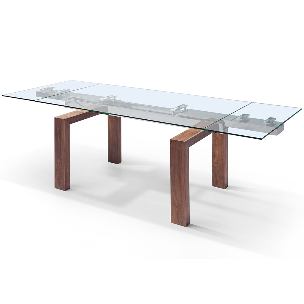Davy | Rectangular Glass Dining Table With Wooden Legs For 6, DT1256-WLT Brand: Whiteline Modern Living Size: 63inW x 35inD x 30inH; Extended: 98inW x 35inD x 30inH Weight: 235lb, Shape: Rectangular Material: Top: 1/2" Tempered Clear Glass; Base: Solid Wood/ Walnut Veneer Seating Capacity: Seats 4-6 people; Color: Stainless Steel Color