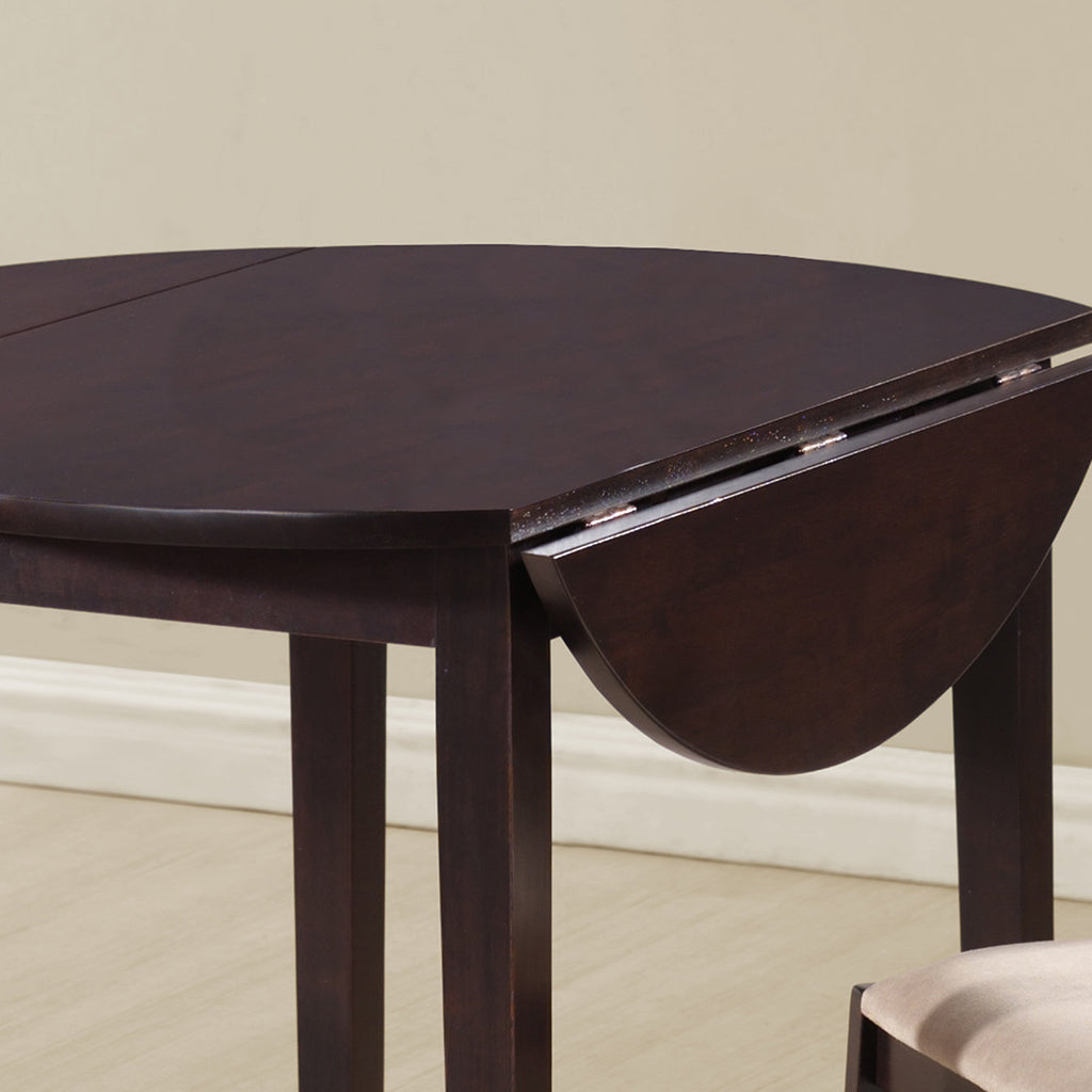 Dark Brown Round Table Dining Set, 2 Chairs Included, Solid Wood, 332562 Brand: Homeroots, Table Size: 35inW x 35inD x 30inH, Chair Size: 14.5inW x 15.5inD x 32.5inH, Seat Height: 17in, Table Shape: Round, Material: MDF & Solid Wood, Seating Capacity: Seats 2, Color: Dark Brown, Beige Chair's Seats