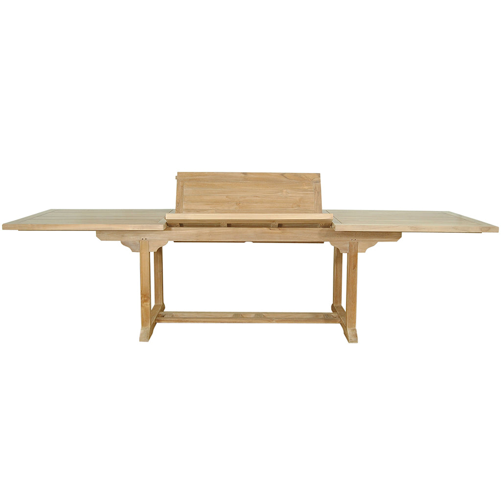 Bahama | 10-Foot Extension Outdoor Table, Rectangular, Teak Wood TBX-010R Brand: Anderson Teak; Size: 118inW x 39inD x 29inH Weight: 185lb; Shape: Rectangular; Material: Teak Wood Seating Capacity: Seats 8-10 people; Color: Neutral teak color; light wood