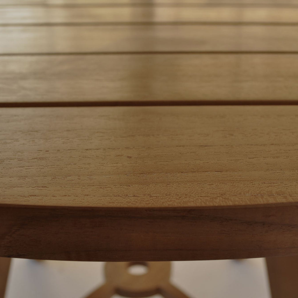 47" Standard Slat Wooden Table, Round, Teak Wood Outdoor, TB-120FN Brand: Anderson Teak Size: 47inW x 47inD x 31inH; Weight: 70lb; Shape: Round; Material: Teak Wood Seating Capacity: Seats 2-4 people ; Color: Neutral teak color; light wood