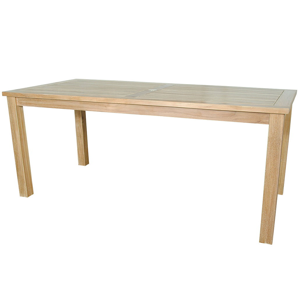 Outdoor Rectangular Wooden Table, Teak Wood, TB-070DTR Brand: Anderson Teak Size: 70inW x 35inD x 29.5inH; Weight: 80lb; Shape: Rectangular; Material: Teak Wood Seating Capacity: Seats 4-6 people; Color: Neutral teak color; light wood