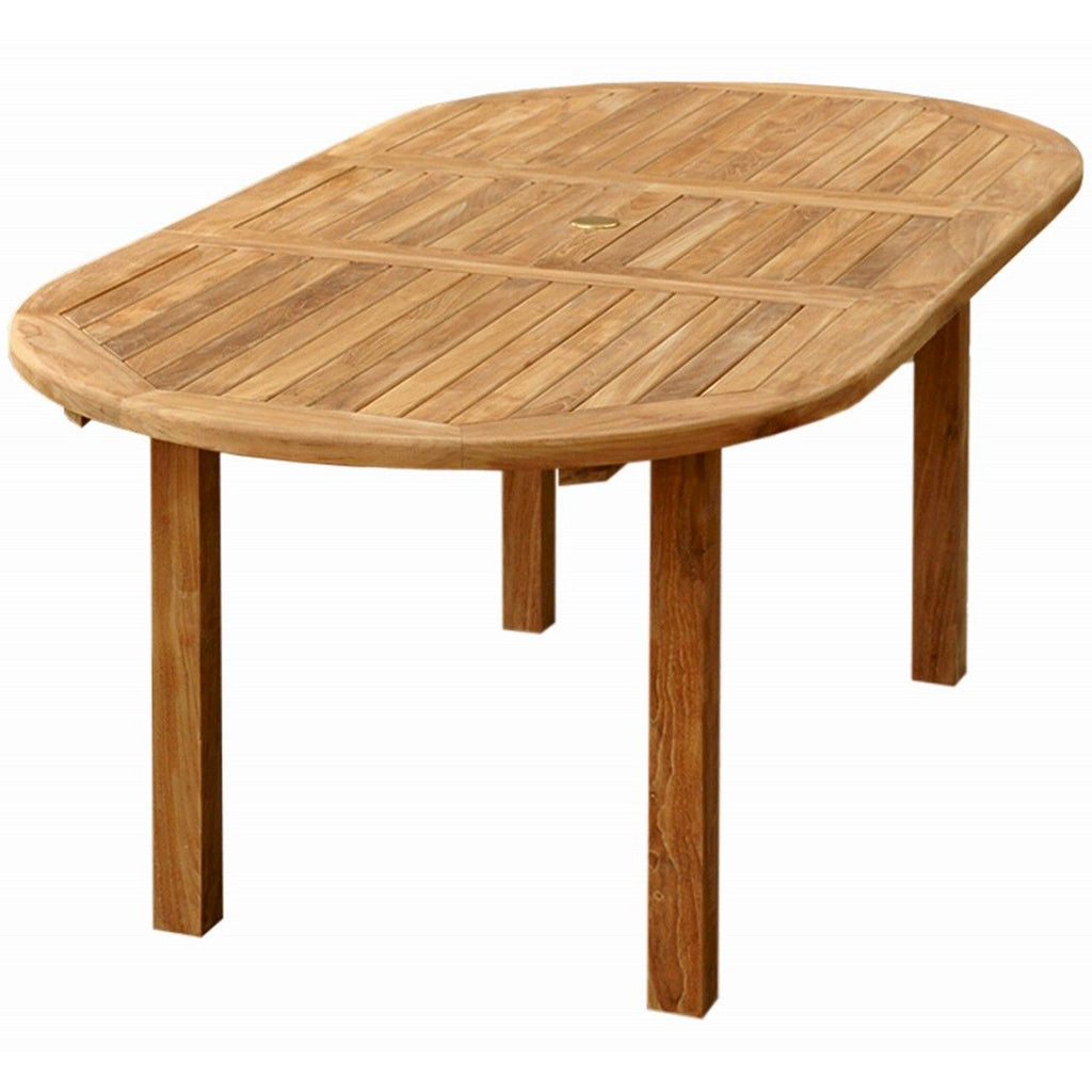 Bahama | 78" Extendable Teak Dining Table For Outdoor Use, Oval, TBX-079V Brand: Anderson Teak; Size: 78inW x 39inD x 29inH Weight: 140lb; Shape: Oval; Material: Teak Wood Seating Capacity: Seats 6-8 people; Color: Neutral teak color; light wood