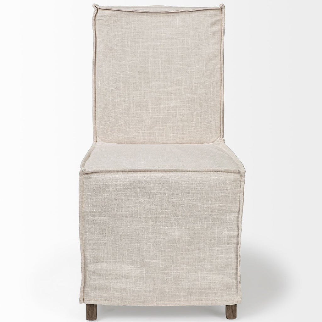 Cream Fabric Slip Cover With Brown Wooden Base Dining Chair