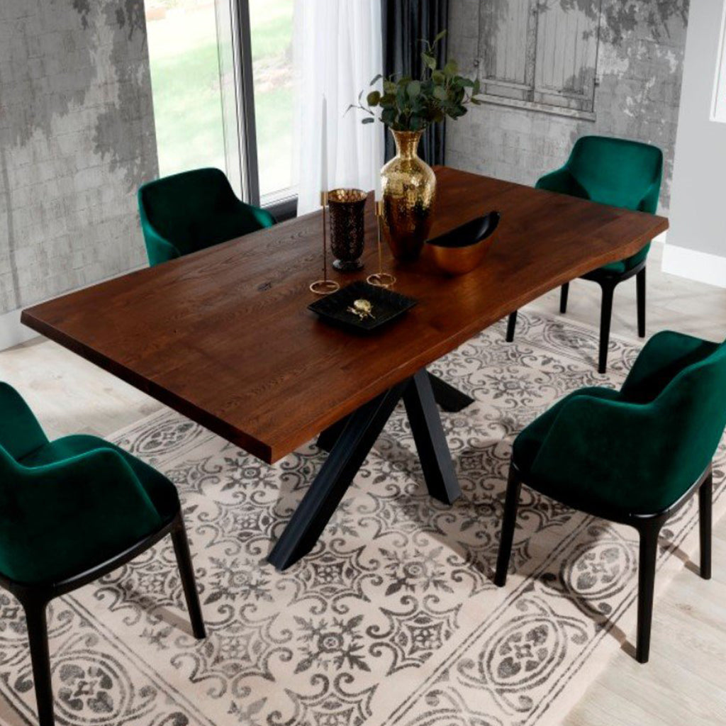 Margo | Elegant Dining Table, Rectangular, Solid Oak Wood, Metal Base, DT0044 Brand: Maxima House, Size: 94.5inW x 39.4inD x 29.5inH, Weight: 282lb, Shape: Rectangular, Material: Top: Solid Oak Wood, Base: Metal Seating Capacity: Seats 6-8 people, Color: Top: Dark Wood, Base: Black