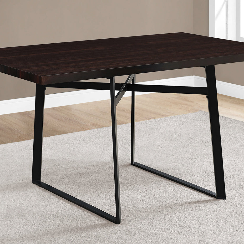 60" Wood And Metal Dining Table, Rectangular, Dark Brown 4 Seater, 4512839712703 Brand: Homeroots, Size: 60inW x 36inD x 30inH, Weight: 51lb, Shape: Rectangular, Material: Top: MDF, Legs: Metal, Seating Capacity: Seats 2-4 people, Color: Top: Dark Wood Color (Dark Brown), Base: Black