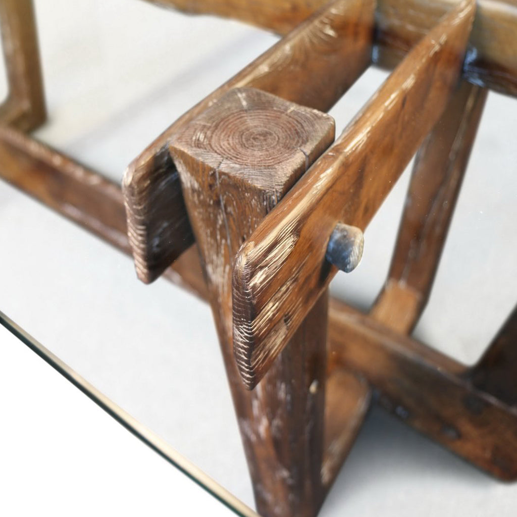 Frams | 100inch Modern Rustic Dining Table, Glass Top Oak Wood Base, SCANDI049