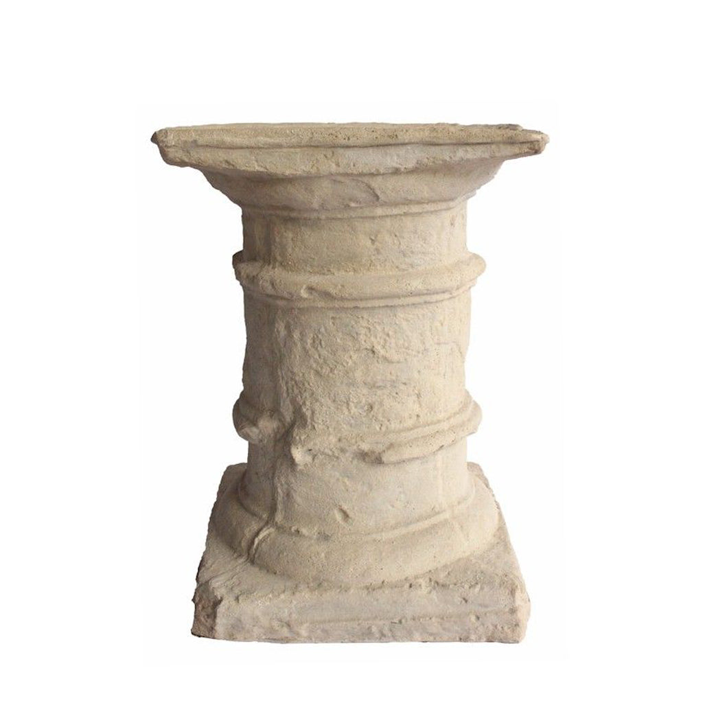Etruscan Small Table, Entry Round Table, Limestone Base, Glass Top, TB-G2029-36 Brand: Anderson Teak, Size: 36inW x 36inD x 29.5inH, 20.5inW x 20.5inD (Base), Weight: 130lb, Shape: Round
