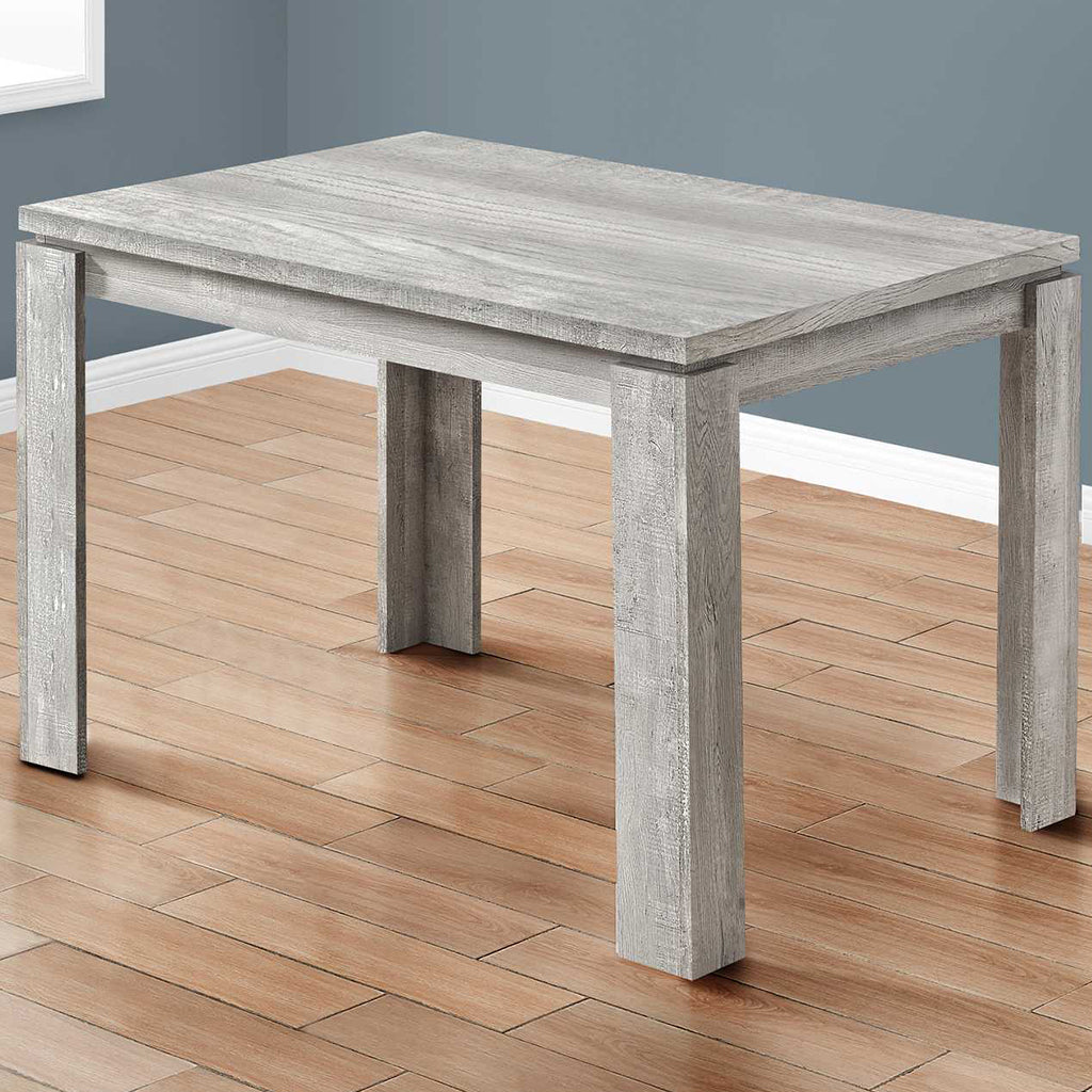 4 Seater Rectangular Dining Table, Reclaimed Wood, Gray Color, 4512839526027 Brand: Homeroots, Size: 47.25inW x 31.5inD x 30.5inH, Weight: 44lb, Shape: Rectangular, Material: Reclaimed Wood, Oak Finish, Seating Capacity: Seats 2-4, Color: Grey
