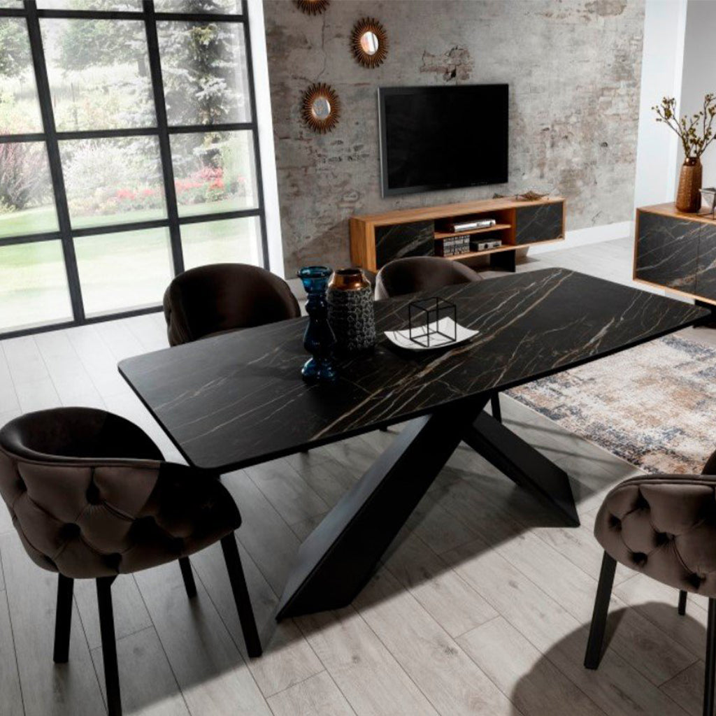 Olivia | Black Quartz Dining Table For 10, Rectangular, MDF & Quartz DT0043 Brand: Maxima House Size: 94.5inW x 39.4inD x 29.5inH, Weight: 282lb, Shape: Rectangular, Material: Top: MDF & Quartz Sinter, Legs: Metal, Seating Capacity: Seats 6-8 people, Color: Black