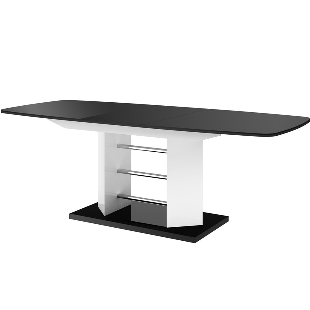Linosa | Double Leaf Extension Dining Table, Black & White, MDF, HU0032 Brand: Maxima House Size: 62.9inW x 35inD x 29.5inH, Extended: 82- 102inW x 35inD x 29.5inH, Weight: 185lb, Shape: Rectangular Material: MDF, Seating Capacity: Seats 8-10 people ,Color: Black & White
