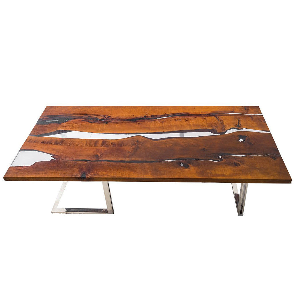 Lesnoy | Polymer Resin Hand Made Dining Table, Rectangular, Pear Tree Wood, Stainless Steel Legs, MHM012, Brand: Maxima House, Size: 116.5inW x 49inD x 29.5inH, Weight: 450lb, Shape: Rectangular, Material: Top: Solid Pear Tree Wood filled with Polymer Resin Legs: Stainless Steel, Seating Capacity: Seats 8-10 people, Color: Natural Wood Color