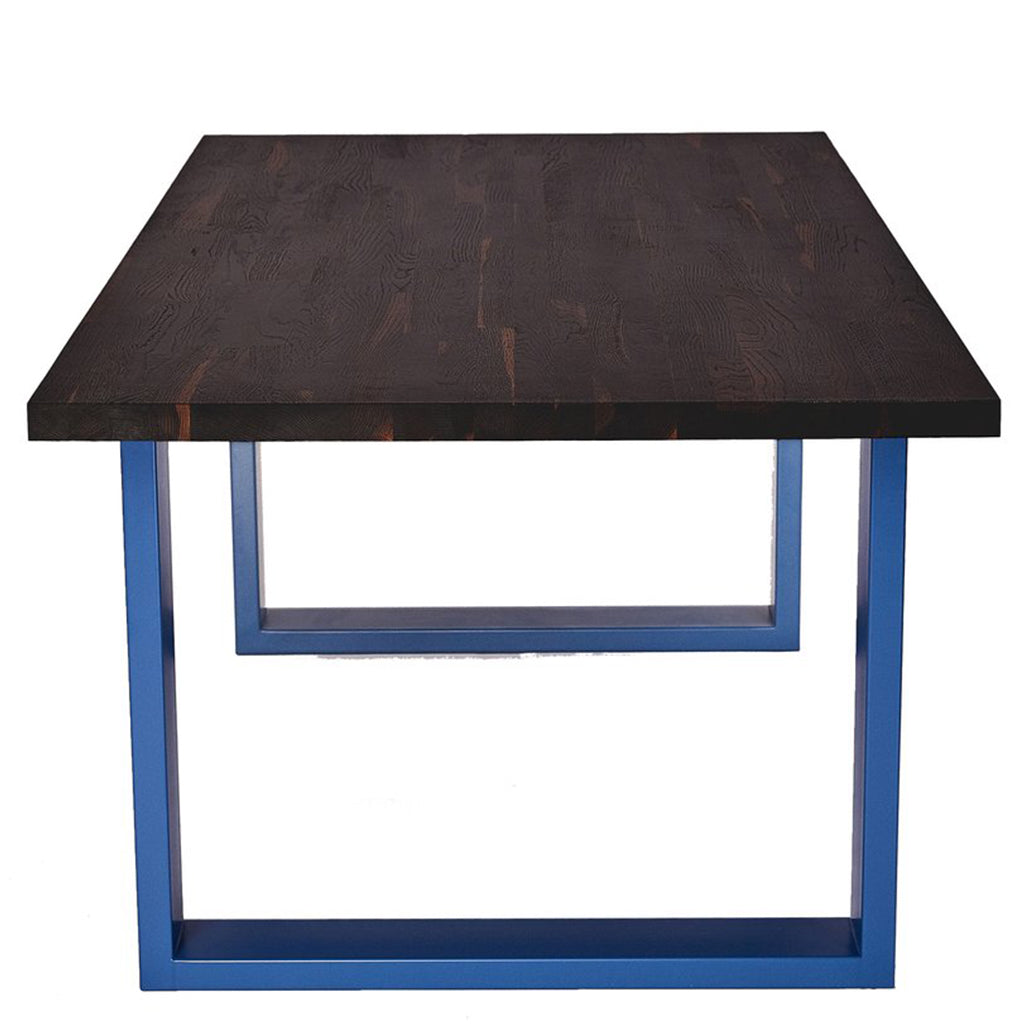 Milan | Table With U Shape Legs, Rectangular, Solid Oak Blue Table, MH004 Brand: Maxima House, Size: 74.4inW x 38.9inD x 29.5inH Weight: 188lb, Shape: Rectangular, Material: Top: Solid Oak Wood Seating Capacity: Seats 4-6 people, Color: Top: Dark Wood, Base: Blue