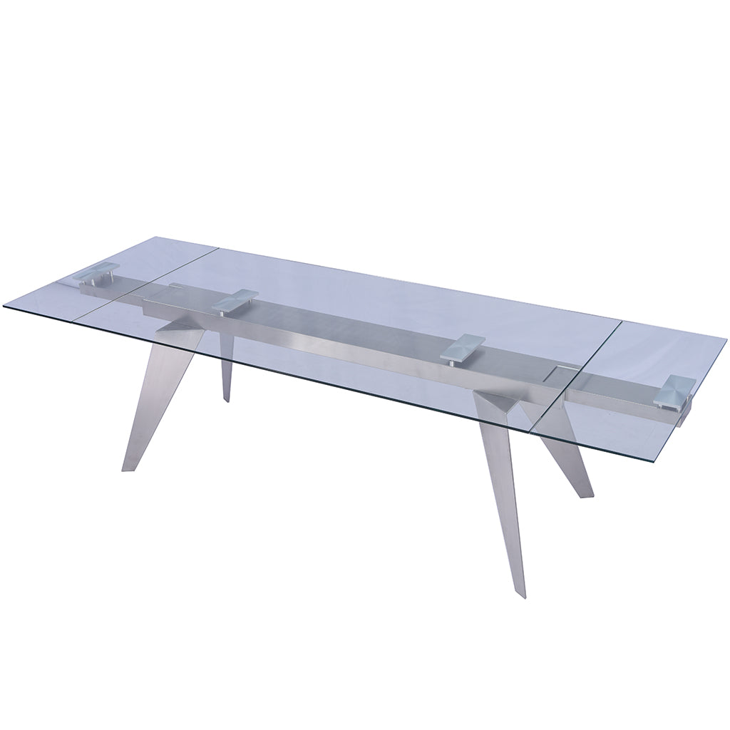 Solid Glass Table, Rectangular, Tempered Glass Top, Stainless Steel Mechanism, Stainless Steel Legs, DT1427 Brand: Whiteline Modern Living; Size: 79inW x 40inD x 31inH Extended: 110inW x 40inD x 31inH; Weight: 301lb; Shape: Rectangular Material: Top: 1/2" Tempered Clear Glass; Mechanism: Stainless Steel; Legs: Stainless Steel Seating Capacity: Seats 6-8 people; Color: Stainless Steel Color