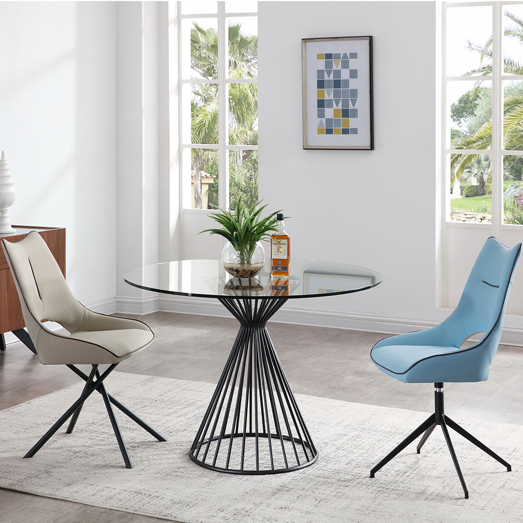 Round Iron Table, Iron Base With 10mm Tempered Glass Top, DT1637R-BLK Brand: Whiteline Modern Living; Size: 47inD x 30inH; Weight: 92lb; Shape: Round Material: Top: 0.4in Tempered Glass; Base: Matte black powder coated Iron Seating Capacity: Seats 2-4 people; Color: Matte black