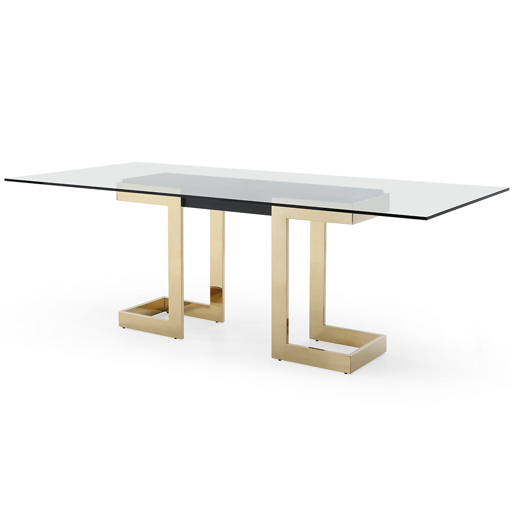 Gold Color Table, Dining, Rectangular, Glass Top, DT1658-BLK Brand: Whiteline Modern Living Size: 87inW x 39inD x 30inH; Weight: 229lb Shape: Rectangular; Material: Top: 1/2" Glass; Base: Gold Stainless Steel; Seating Capacity: Seats 4-6 people; Color: Gold Color Base