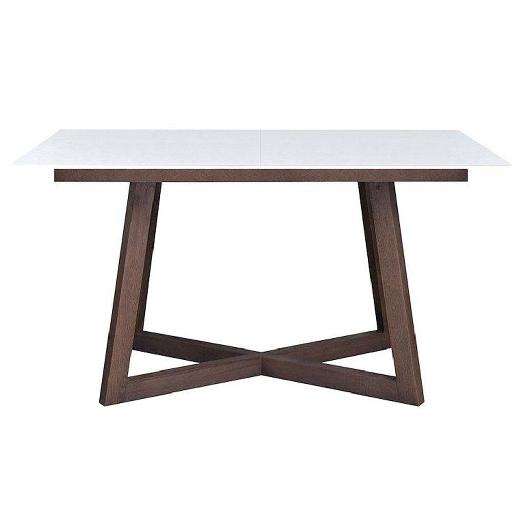 Brish | 6 Person Dining Table, Beech, Rectangular, Solid Extendable, DT0009 Brand: Maxima House Size: 55.1inW x 33inD x 30inH, Extended: 74.8inW x 33inD x 30inH Weight: 105.8lb, Shape: Rectangular Material: Top: Tempered Glass, Base: Beech Wood, Seating Capacity: Seats 4-6 people Color: Top: White , Base: Dark Wood Color
