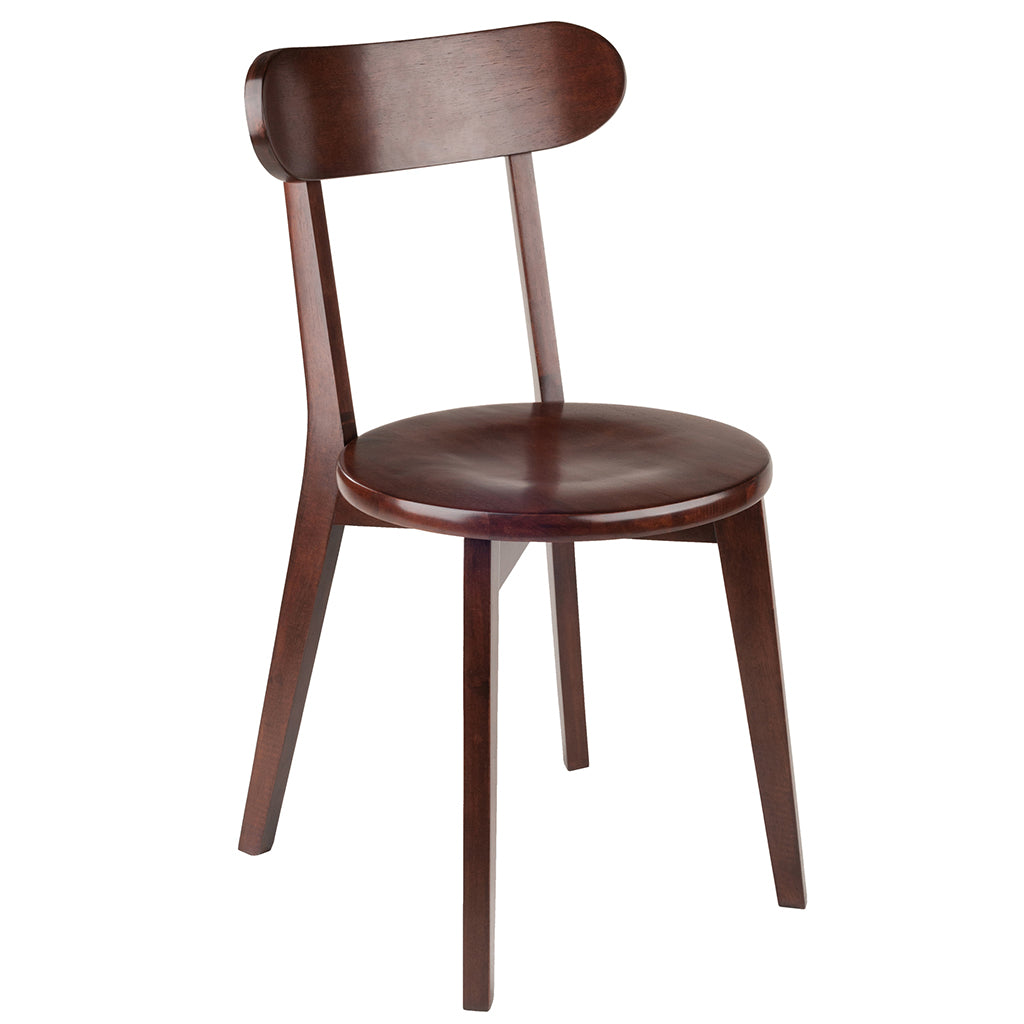 Set of two vintage-style walnut wood dining chairs with flared legs and a rich walnut finish, perfect for dining or game rooms.