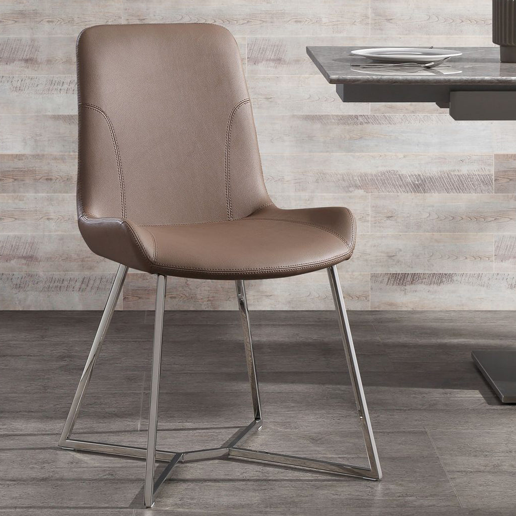 Aileen Dining Chair, Set of 2, Taupe, Faux Leather, Stainless Steel Base, DC1480-TAU Brand: Whiteline Modern Living Size: 24inW x 20inD x 34inH, Seat Height: 18in/ 46cm, Weight: 14lb, Material: Faux leather & polished stainless steel base Color: Taupe, Legs: Grey, Assembly Required: No, Weather Resistant: No