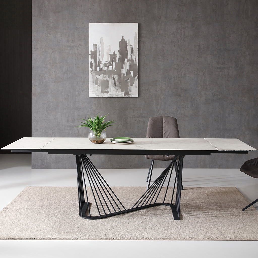 Roma | Black And White Extendable Dining Тable, Rectangular, Glass And Ceramic Top, Metal Base, DT1633E-WHT Brand: Whiteline Modern Living Size: 71inW x 35inD x 30inH, Extended: 102inW x 35inD x 30inH Weight: 225lb, Shape: Rectangular Material: Top: Glass & White Ceramic, Base: Black Powder quoted metal base Seating Capacity: Seats 6-8 people, Color: White Top, Black Base