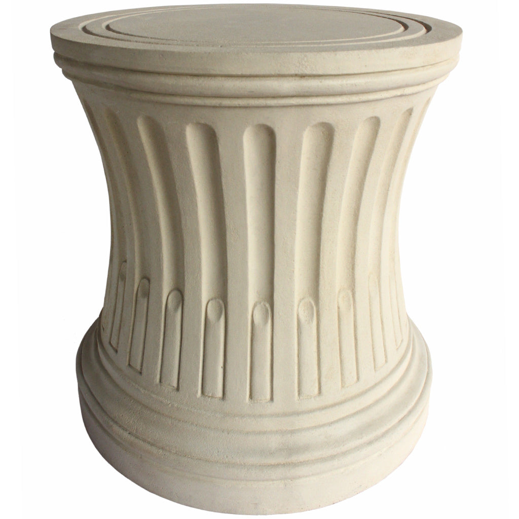 Louis XVI | Fluted Entry Table, Round, Limestone Base, Glass Top, TB-R2829-42 Brand: Anderson Teak Size: 28inW x 28inD x 29inH (Base); 42″W 42″W 0.5″T (Glass Top) Weight: 115lb; Shape: Round Material: Base: Limestone; Top: 3/8" thick glass; Color: White Natural Limestone Color