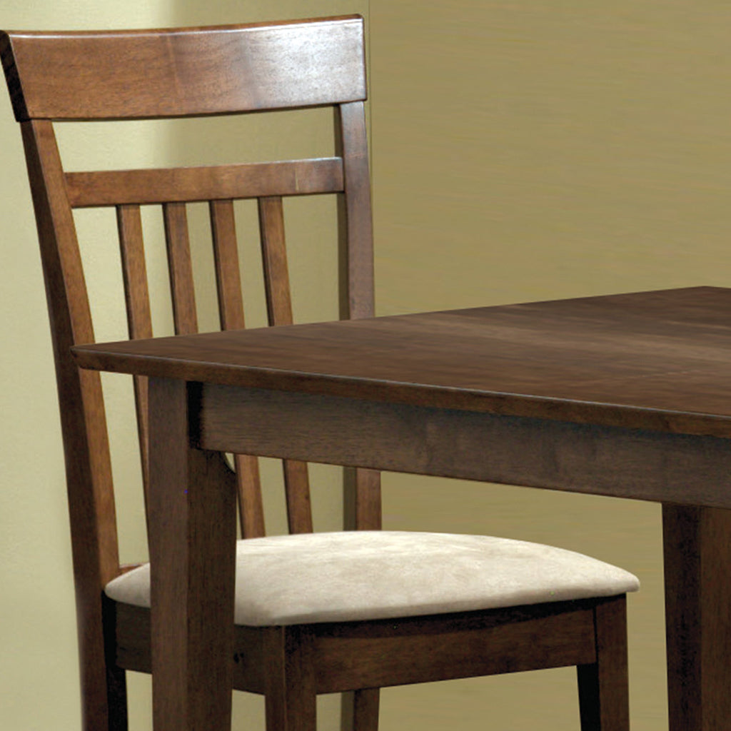 Wooden Dining Table Set For 4, Rectangular, Walnut Wood, 332657 Brand: Homeroots, Table Size: 47.25inW x 29.5inD x 30inH, Chair Size: 17inW x 19.5inD x 38.5inH, Seat Height: 17in, Table Shape: Rectangular, Material: MDF & Solid Walnut Wood, Seating Capacity: Seats 4, Color: Walnut Wood Color