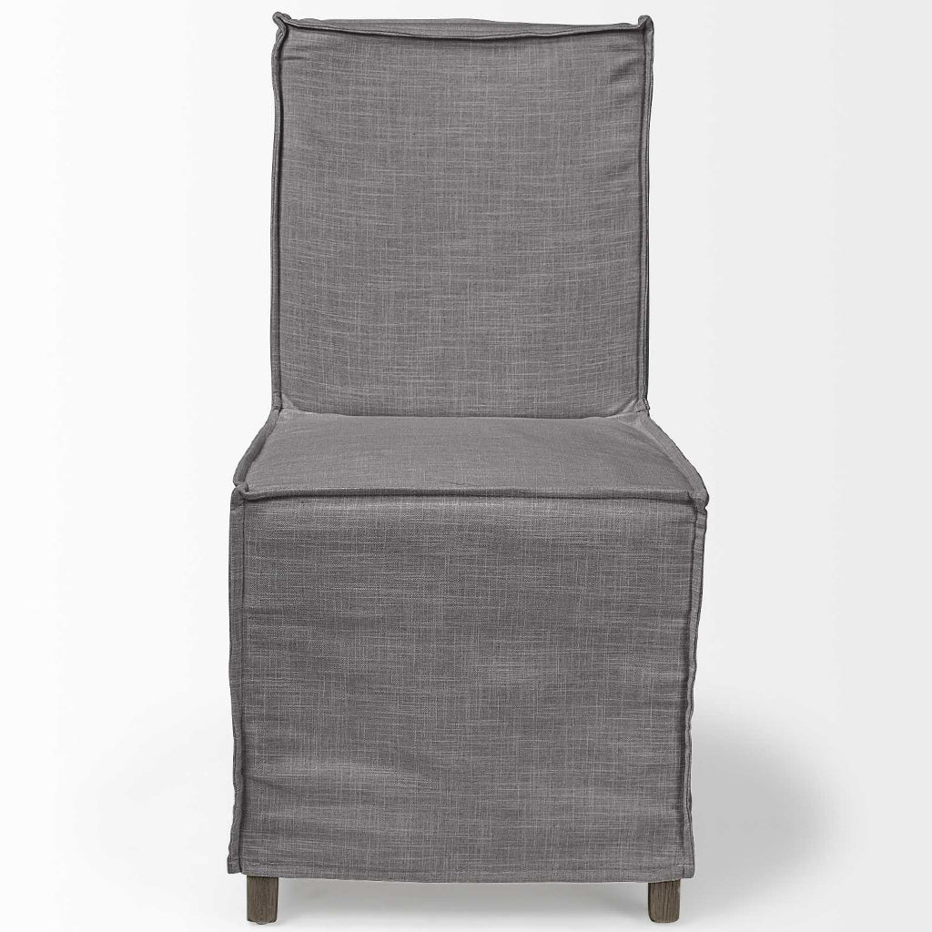 Gray Fabric Slip Cover With Brown Wooden Base Dining Chair
