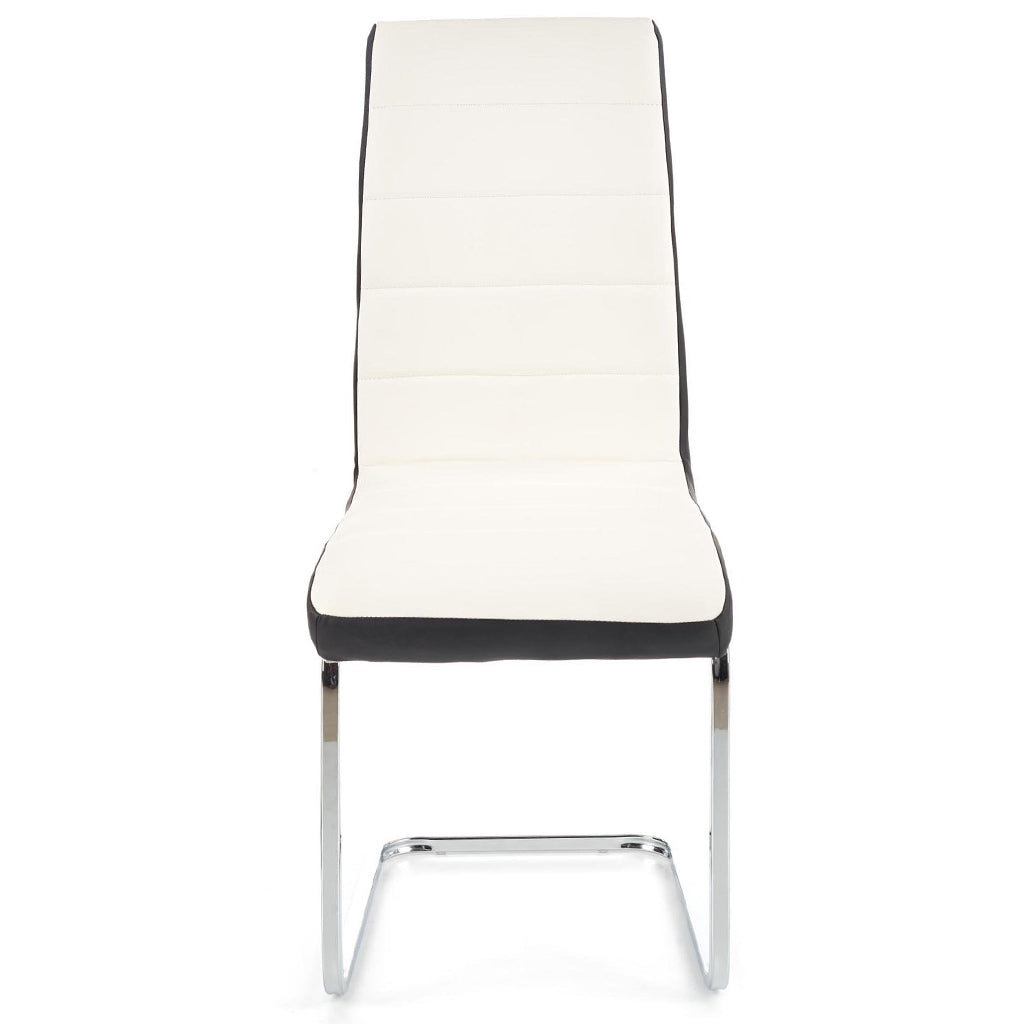 Mira Dining Chair, Set of 4, Black & White, Faux Leather, Chrome Steel Legs, HALK-132 Brand: Maxima House Size: 16.5inW x 22.4inD x 39inH, Weight: 18.3lb,Material: Faux leather & Chrome steel legs, Color: Black & White