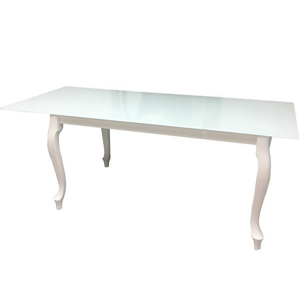 Retro | White 6 Seater Extendable Dining Table, Rectangular, Glass Top, Beech Wood Base, DT0014, Brand: Maxima House Size: 55.1inW x 31.5inD x 30inH, Extended: 74.8inW x 31.5inD x 30inH Weight: 123.5lb, Shape: Rectangular, Material: Top: Glass, Base: Beech Wood, Seating Capacity: Seats 4-6 people, Color: White