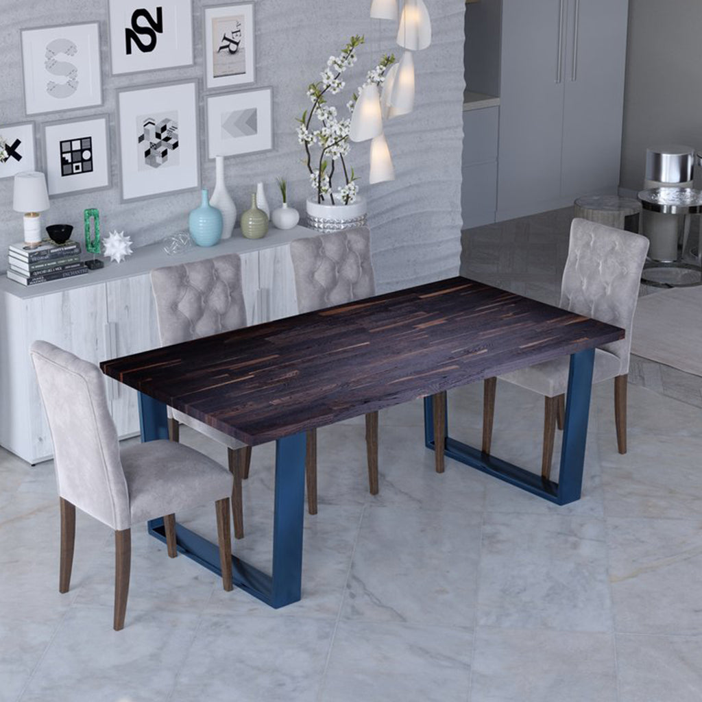 Milan | Table With U Shape Legs, Rectangular, Solid Oak Blue Table, MH004 Brand: Maxima House, Size: 74.4inW x 38.9inD x 29.5inH Weight: 188lb, Shape: Rectangular, Material: Top: Solid Oak Wood Seating Capacity: Seats 4-6 people, Color: Top: Dark Wood, Base: Blue