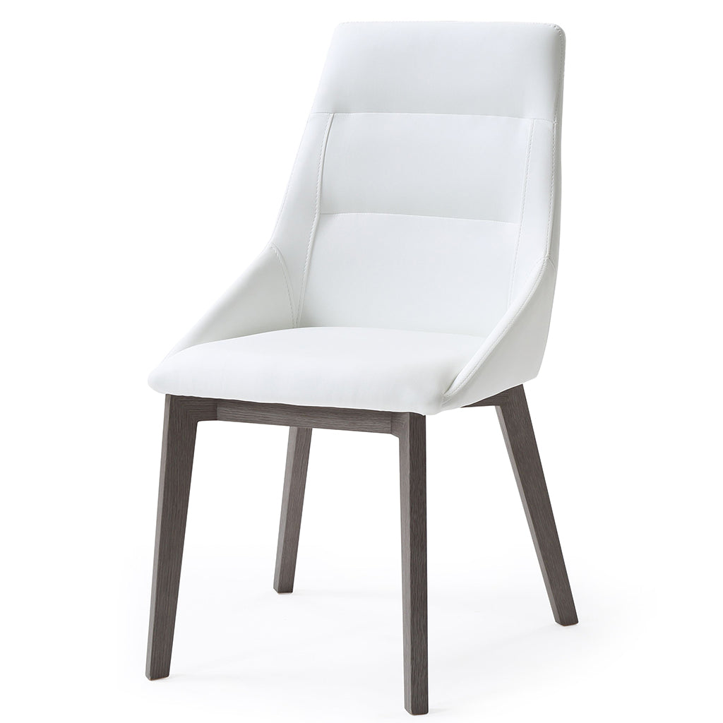 Whiteline Modern Living Siena Dining Chair featuring white faux leather upholstery and solid wood legs.