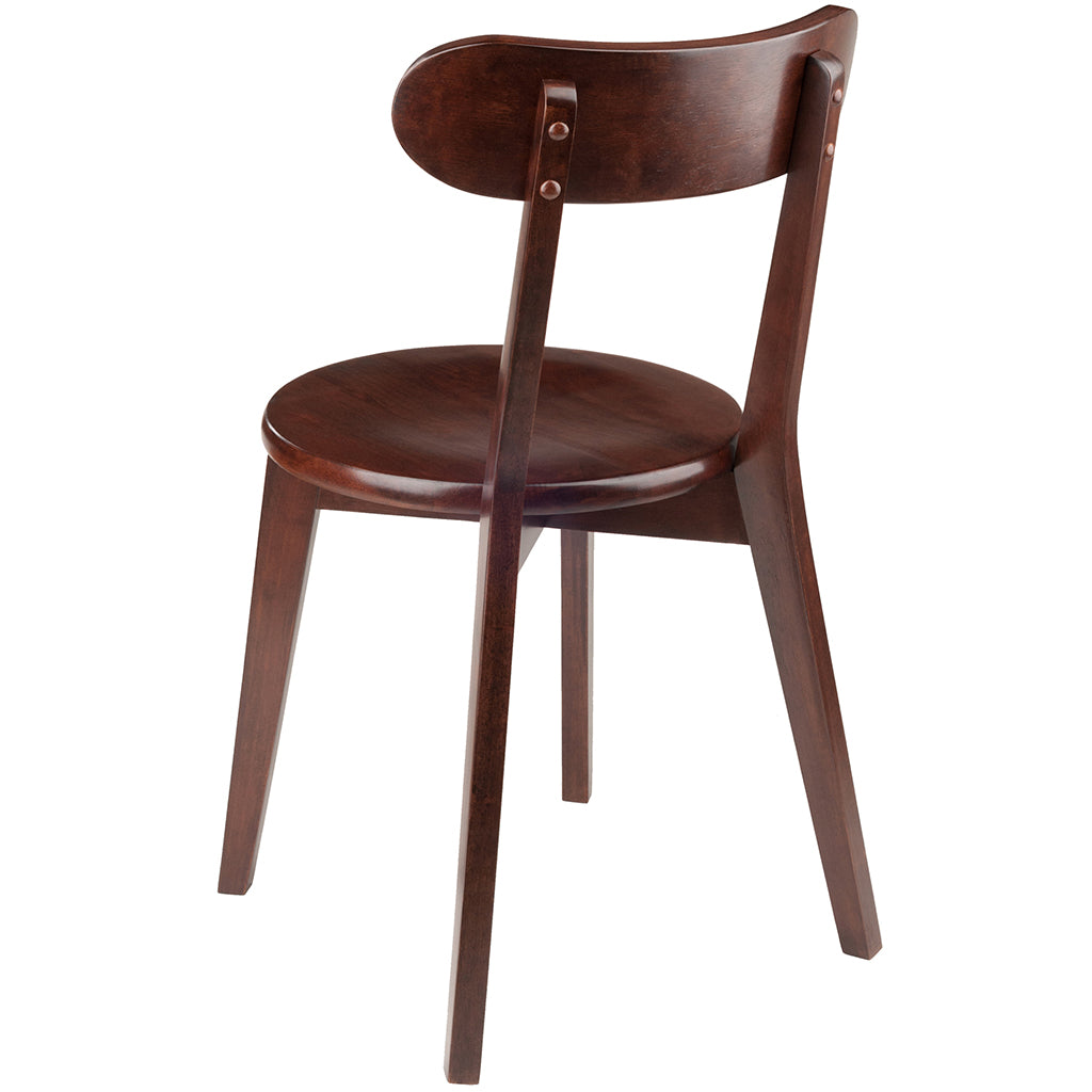 Set of two vintage-style walnut wood dining chairs with flared legs and a rich walnut finish, perfect for dining or game rooms.