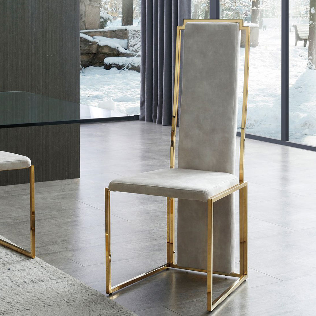 Sumo Dining Chair, Set of 2, Adore Beige Fabric, Polished Gold Stainless Steel Frame, DC1658FBEI, Brand: Whiteline Modern Living, Size: 22inW x 18inD x 43inH, Weight: 26lb, Material: Adore Beige fabric, polished gold stainless steel frame Color: Beige & Gold, Assembly Required: No, Weather Resistant: No