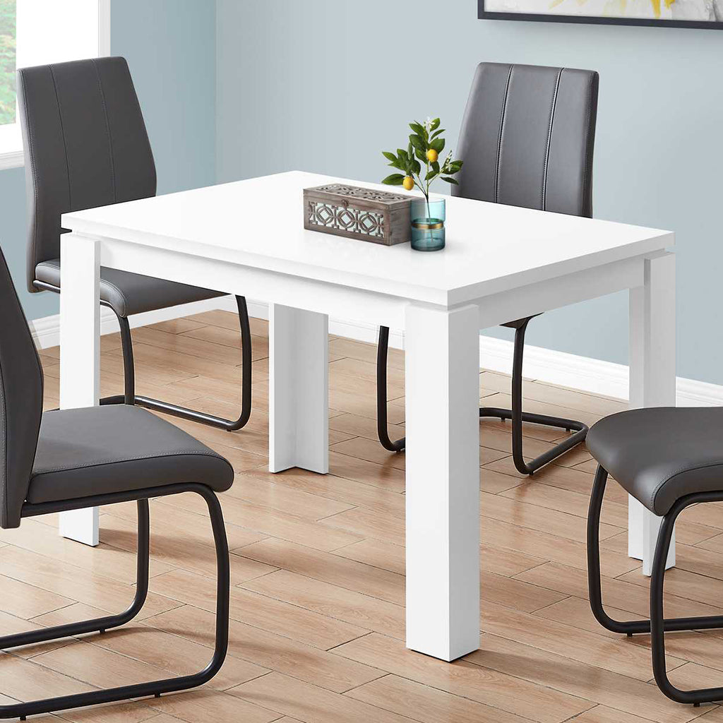 47" White Dining Table For 4, Smooth White Finish, Rectangular, MDF, 4512839526041 Brand: Homeroots, Size: 47.25inW x 31.5inD x 30.5inH, Weight: 44lb, Shape: Rectangular, Material: MDF, Seating Capacity: Seats 2-4, Color: White
