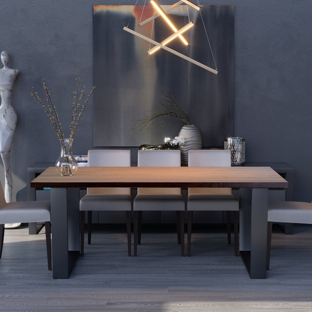 Genoa | Striped Top Dining Table, 8 Seater, Rectangular, Solid Oak Wood, MH005 Brand: Maxima House, Size: 74.4inW x 38.9inD x 29.5inH Weight: 175lb, Shape: Rectangular, Material: Top: Solid Oak Wood Seating Capacity: Seats 6-8 people, Color: Top: Brown & White , Base: Black