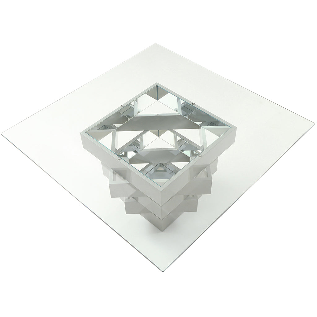 Carson | Glass Square Table, Geometric Base With Mirrors, DT1402-GRY  Brand: Whiteline Modern Living Size:  59inW x 59inD x 30inH; Weight: 298lb, Shape: Square, Material:  Top: 1/2in Clear Glass; Base: High gloss gray lacquer geometric base with mirrors Seating Capacity: Seats 2-4 people; Color: Gray