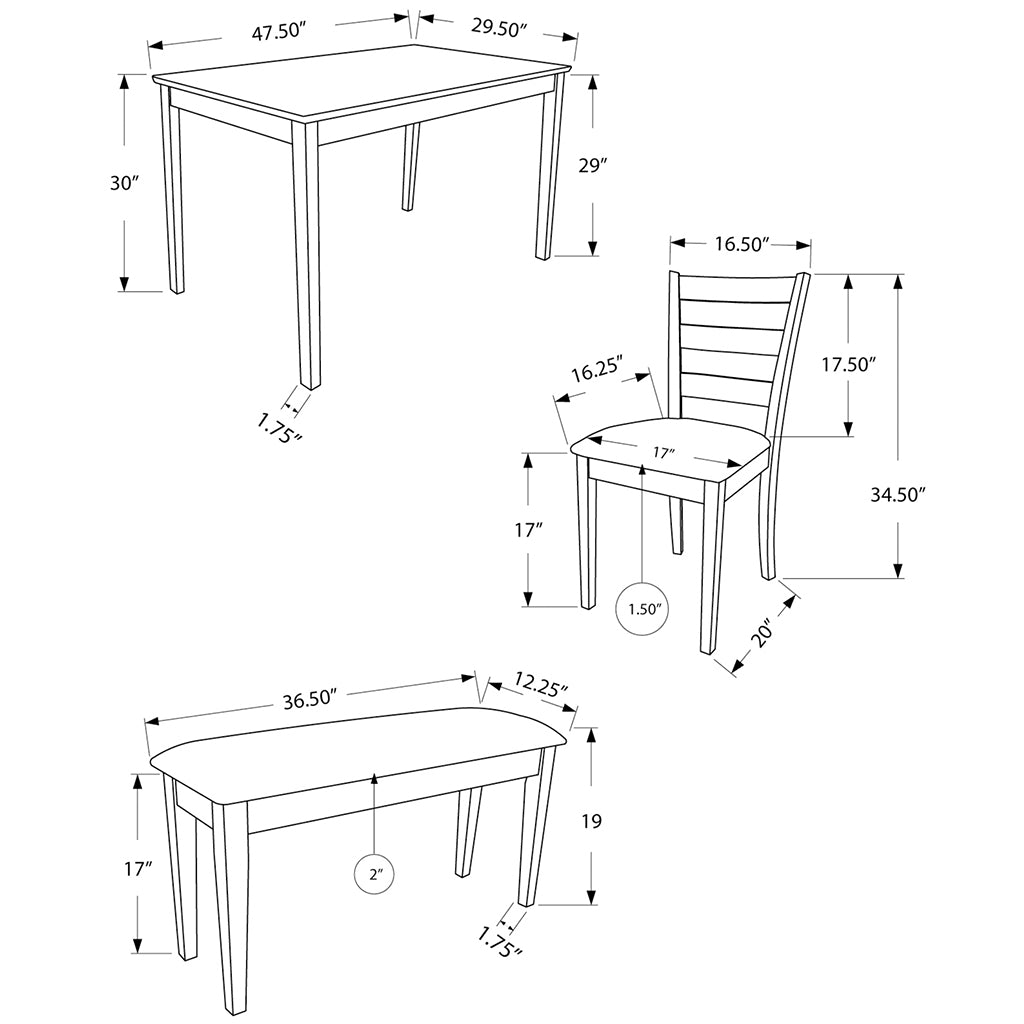 Dining Set With Bench And Chairs, Rectangular Table, White & Gray, 332634 Brand: Homeroots, Table Size: 47.50inW x 29.50inD x 30inH, Chair Size: 17inW x 17.5inD x 34.5inH, Seat Height: 17in, Bench Size: 36.5inW x 12.25inD x 19inH, Seat Height: 17in, Table Shape: Rectangular, Material: MDF & Solid Wood, Seating Capacity: Seats 4, Color: White & Gray