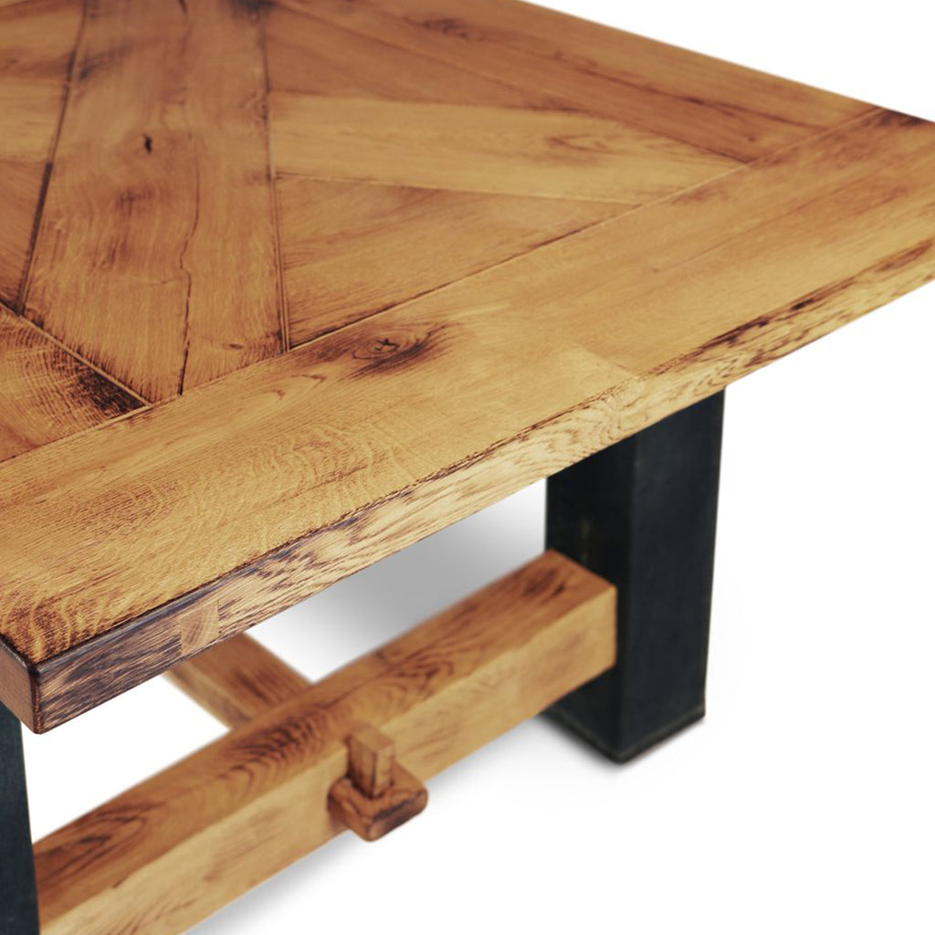 Britt-Jeans Handmade Denim Upholstered Unique Dining Table, Rectangular Farmhouse Style, Solid Oak Wood, SCANDI064, Brand: Maxima House, Size: 86.5inW x 39inD x 30.5inH, Weight: 331lb, Shape: Rectangular, Material: Solid Oak Wood top, denim upholstered table legs (nice and modern look, unique design), Seating Capacity: Seats 6-8 people, Color: Natural Wood Color