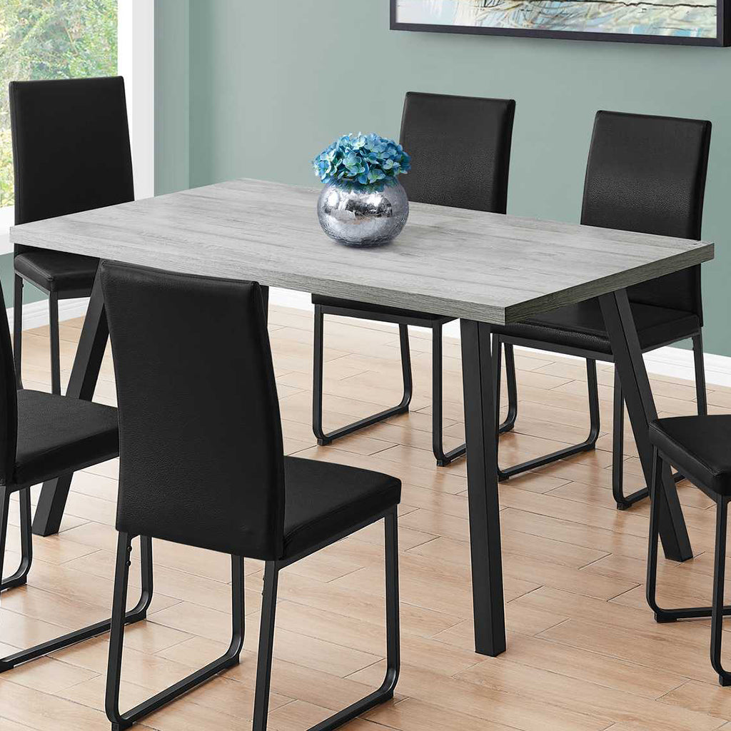 Rectangular Light Grey Reclaimed Wood & Metal Dining Table, 4512839526096 Brand: Homeroots, Size: 60inW x 36inD x 31inH, Weight: 57lb, Shape: Rectangular, Material: Top: Reclaimed Wood, Legs: Metal, Seating Capacity: Seats 4-6 people, Color: Top: Light Gray, Base: Black