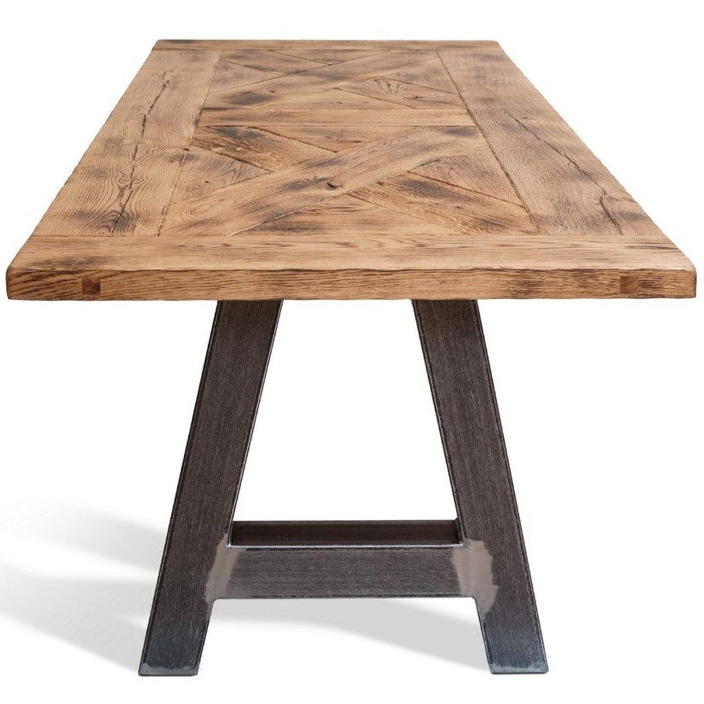 Rita Dining Table | Solid Wooden Planks, Handmade, Metal Base, SCANDI112 Brand: Maxima House, Size: 86.5inW x 39.4inD x 30.5inH, Weight: 331lb, Shape: Rectangular, Material: Top: Solid Oak Wood, Base: Metal, Seating Capacity: Seats 6-8 people, Color: Top: Natural Light Wood, Legs: Black