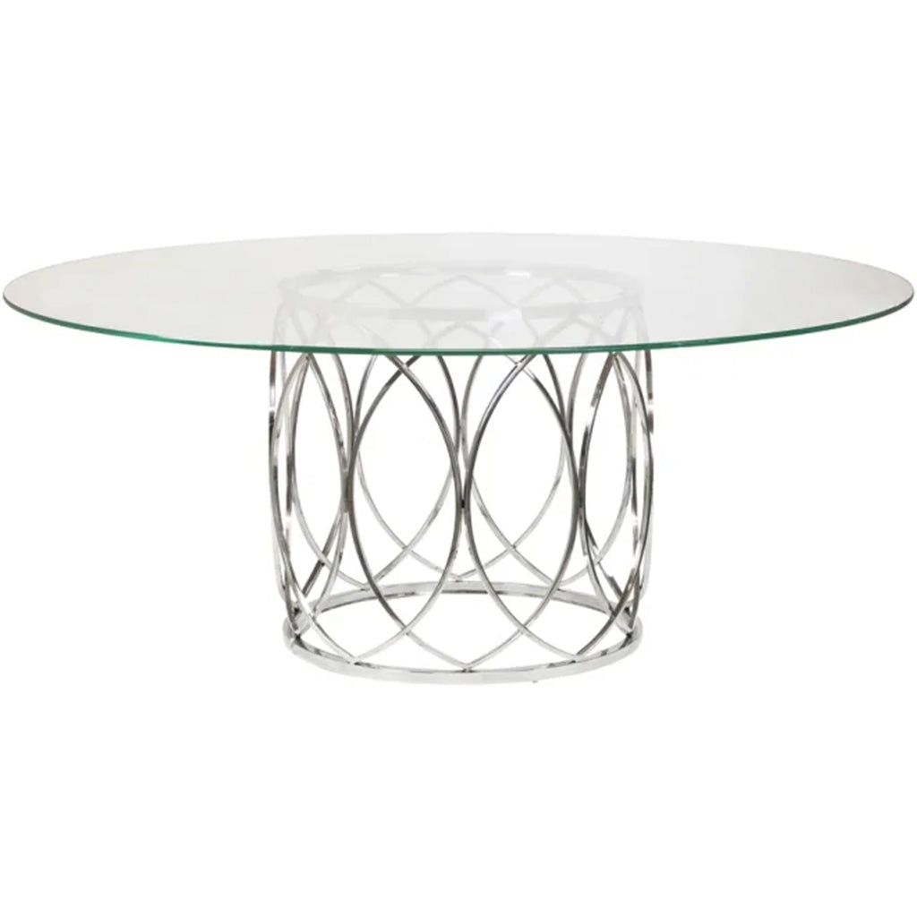 Jules | 72" Round Glass Dining Room Table, Polished Steel Base, 8 Seater, KHA-J15