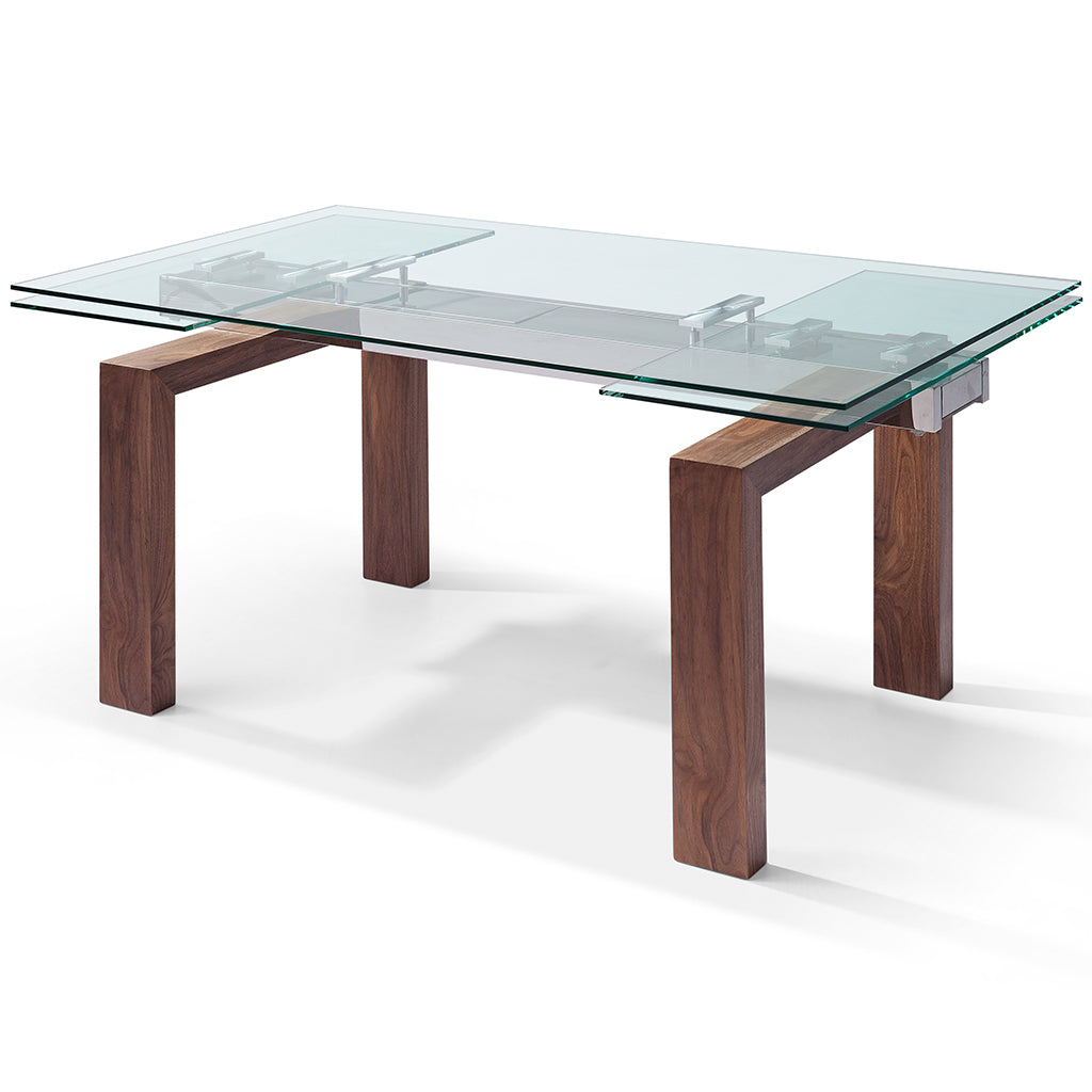 Davy | Rectangular Glass Dining Table With Wooden Legs For 6, DT1256-WLT Brand: Whiteline Modern Living Size: 63inW x 35inD x 30inH; Extended: 98inW x 35inD x 30inH Weight: 235lb, Shape: Rectangular Material: Top: 1/2" Tempered Clear Glass; Base: Solid Wood/ Walnut Veneer Seating Capacity: Seats 4-6 people; Color: Stainless Steel Color